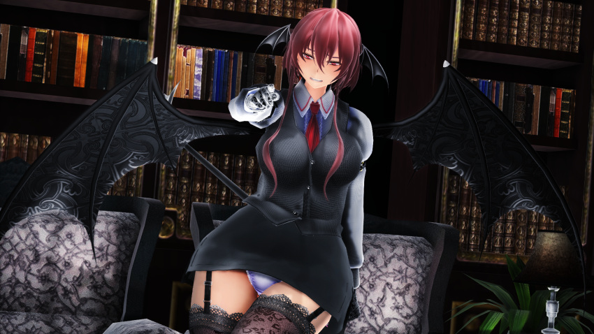 1girl 3d artist_request bat_wings bookshelf breasts demon_girl head_wings highres koakuma large_breasts mikumikudance panties pointing solo succubus touhou underwear wings