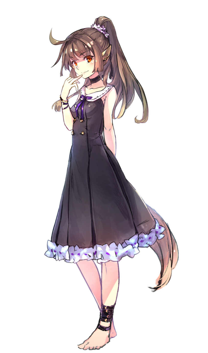1girl absurdres animal_ears anklet barefoot bracelet brown_hair dress earrings full_body highres jewelry long_hair looking_at_viewer original ponytail red_eyes simple_background solo tail virus_(obsession) white_background