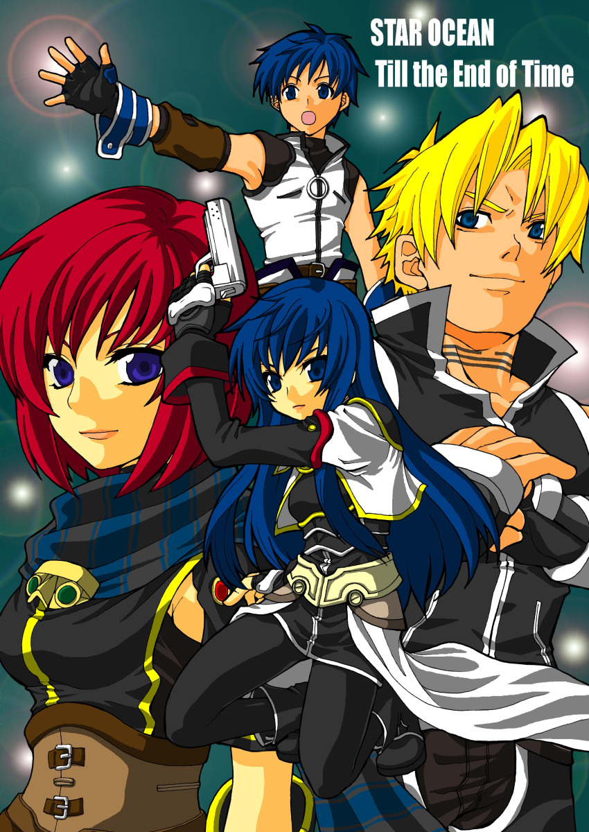 &gt;:o 2boys 2girls :o absurdres ankle_boots arm_warmers armpits bangs belt black_boots black_gloves black_scarf blue_eyes blue_hair boots breasts capelet character_request clenched_hand cliff_fitter cliff_fittir copyright_name fayt_leingod fighting_stance fingerless_gloves full_body gloves gun handgun highres lens_flare light lips long_hair long_sleeves looking_at_viewer maria_traydor multiple_boys multiple_girls nel_zelpher outstretched_arm outstretched_arms parted_bangs redhead scarf serious short_hair sideboob solo star_ocean star_ocean_till_the_end_of_time striped striped_scarf tattoo underbust very_long_hair vest weapon white_vest zipper