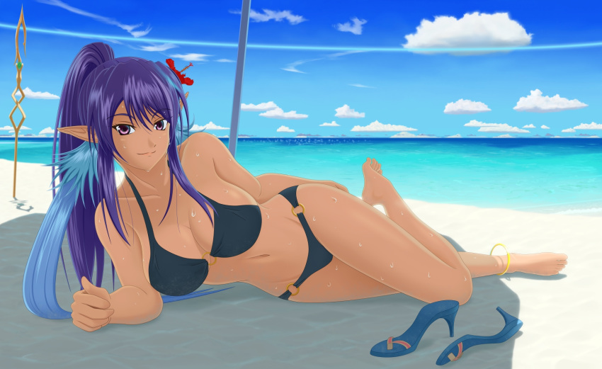 1girl anklet barefoot beach blue_hair breasts cleavage flower hair_flower hair_ornament highres jewelry judith kurosuke_(pixiv4768683) large_breasts long_hair looking_at_viewer multicolored_hair o-ring_bikini ocean pointy_ears ponytail purple_hair sandals_removed solo tales_of_(series) tales_of_vesperia twintails two-tone_hair violet_eyes wet