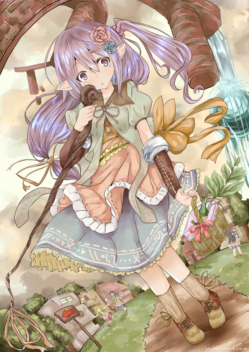 4girls absurdres artist_name basket black_hair blonde_hair blue_hair bottle bow carrying commentary_request dutch_angle elf fantasy flower hair_flower hair_ornament highres jigsaw_(iori) long_hair looking_at_viewer low-tied_long_hair multiple_girls original pointy_ears purple_hair side_ponytail sign signpost solo_focus twitter_username village violet_eyes walking_stick