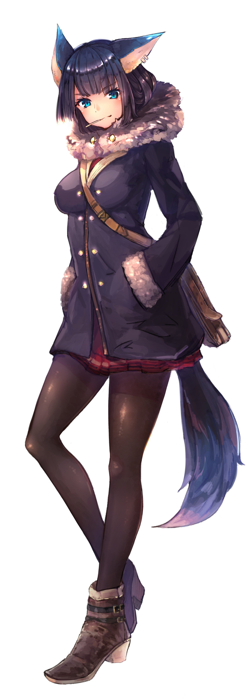 1girl absurdres animal_ears bag black_hair black_legwear blue_eyes earrings full_body fur_coat hands_in_pockets highres jewelry looking_at_viewer original shoes short_hair simple_background skirt solo tail virus_(obsession) white_background winter_clothes