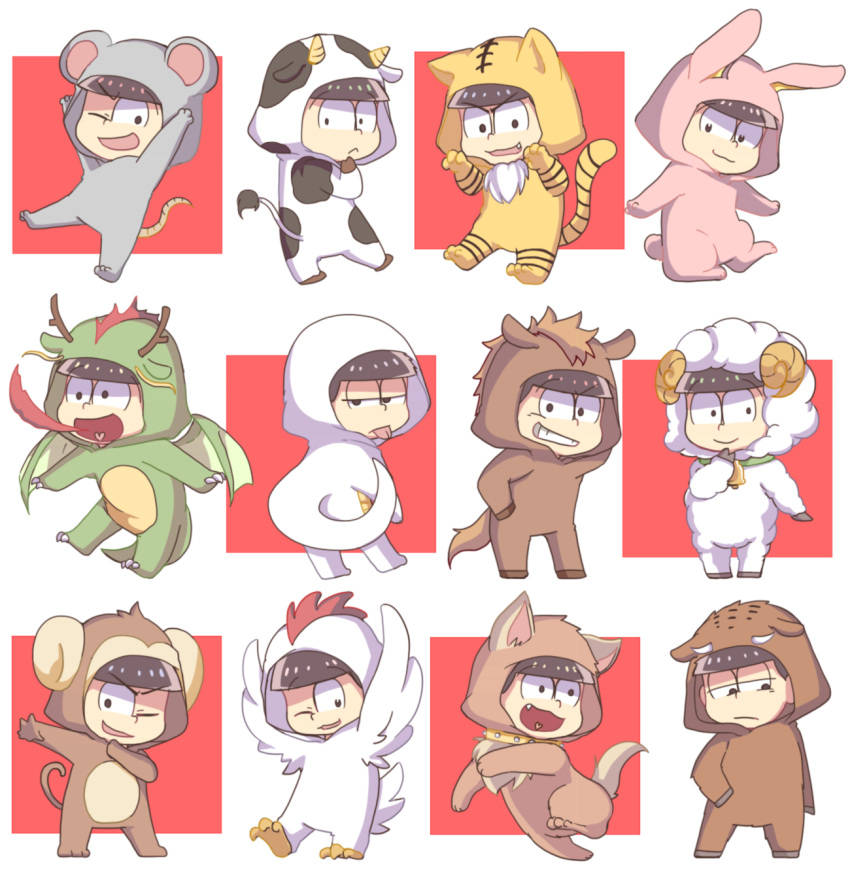 :&lt; :3 :d :p ;d alternate_costume animal_costume animal_ears animal_hood antennae arms_up bangs bell black_eyes black_hair blunt_bangs breathing_fire brothers bunny_costume bunny_tail chibi chicken_costume chinese_zodiac claws collar cow_costume cow_ears cow_tail dog_collar dog_costume dog_ears dog_tail dragon_costume dragon_horns dragon_tail dragon_wings eyebrows eyebrows_visible_through_hair fang fire fur_trim grin half-closed_eyes heart heart_in_mouth highres honrs hood horns horse_costume horse_ears horse_tail koineko_(aph0310) looking_at_viewer male_focus matsuno_choromatsu matsuno_ichimatsu matsuno_juushimatsu matsuno_karamatsu matsuno_osomatsu matsuno_todomatsu monkey_costume monkey_ears monkey_tail mouse_costume mouse_ears mouse_tail multiple_boys multiple_views new_year one_eye_closed open_mouth osomatsu-kun osomatsu-san paw_pose pig_costume pig_ears rabbit_ears sextuplets sheep_costume sheep_horns siblings smile snake_costume snake_tail tail tiger_costume tiger_ears tiger_print tiger_tail tongue tongue_out wings