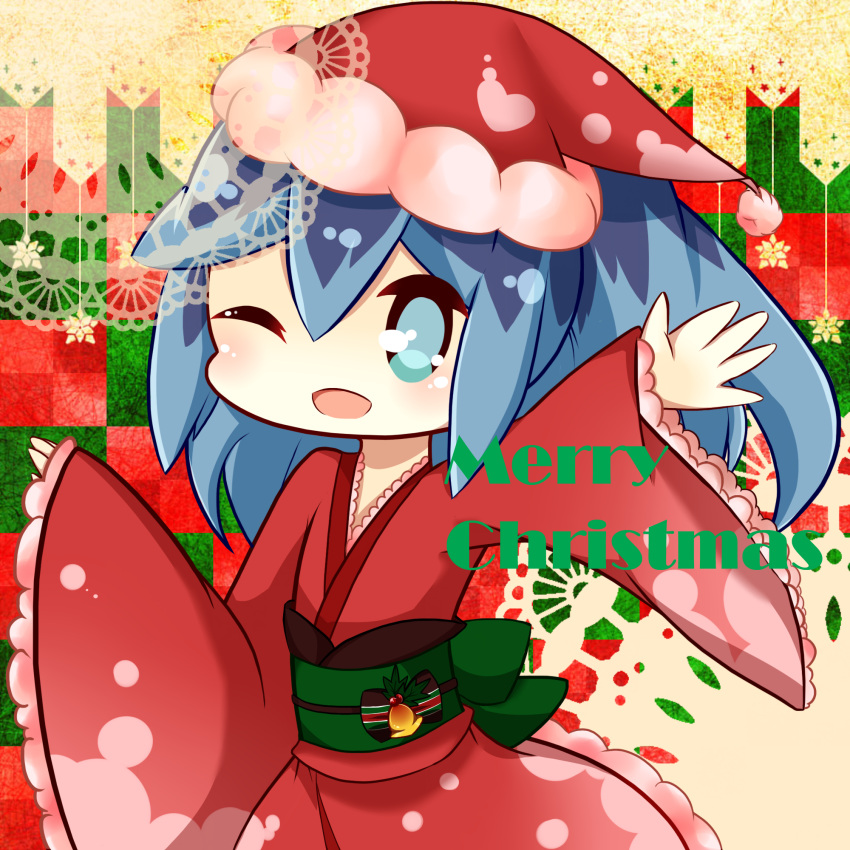 1girl alternate_costume aqua_eyes bell blue_hair christmas english fubukihime hat high_ponytail highres holly japanese_clothes kimono long_hair looking_at_viewer merry_christmas multicolored_hair one_eye_closed open_mouth sakumado santa_hat solo two-tone_hair youkai youkai_watch