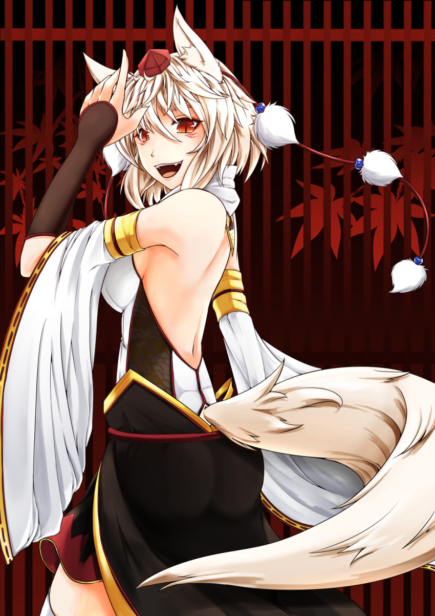 1girl animal_ears autumn_leaves breasts detached_sleeves hat highres inubashiri_momiji inyuppo leaf looking_at_viewer looking_back open_mouth red_eyes short_hair sideboob silver_hair skirt smile solo tail thigh-highs tokin_hat touhou white_legwear wolf_ears wolf_tail