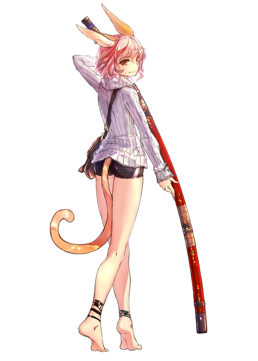 1girl absurdres animal_ears anklet barefoot bike_shorts earrings from_behind full_body highres jewelry looking_at_viewer looking_back ootachi original pink_hair red_eyes scabbard sheath simple_background soles solo sweater tail virus_(obsession) white_background