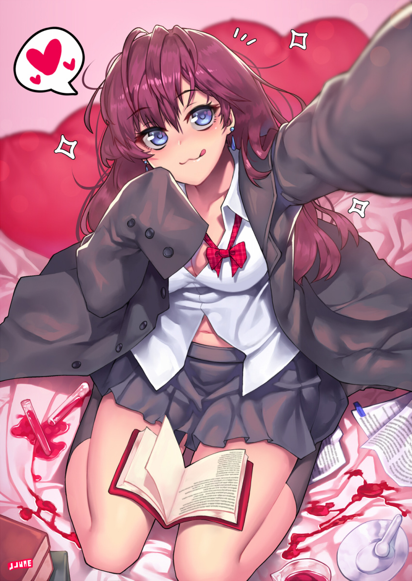 1girl blue_eyes blush book breasts cleavage earrings heart heart_print highres ichinose_shiki idolmaster idolmaster_cinderella_girls jacket jewelry jjune large_breasts licking_lips long_hair long_sleeves looking_at_viewer navel open_clothes open_jacket school_uniform shirt sitting skirt sleeves_past_wrists solo spilling spoken_heart tongue tongue_out wariza