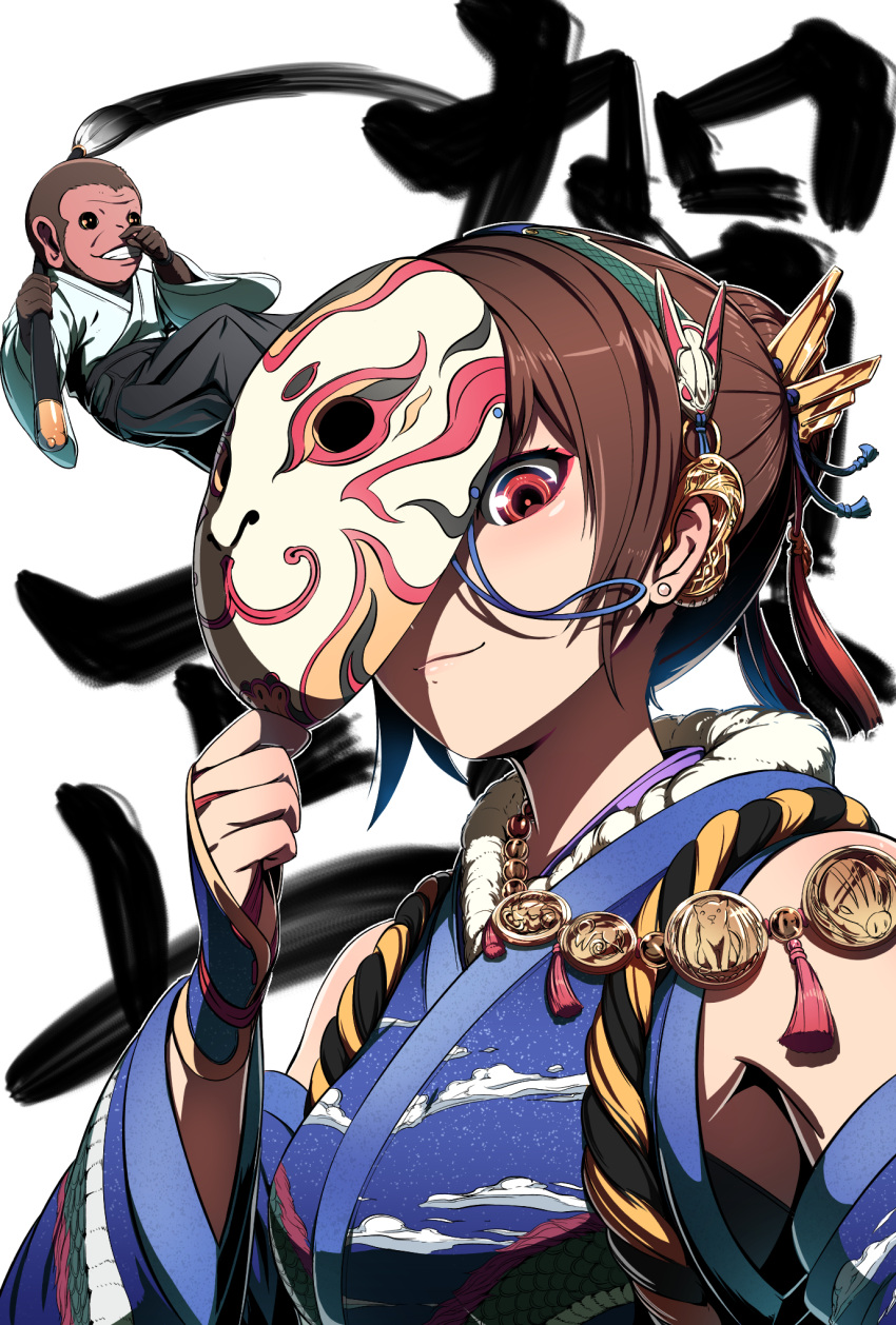 1girl brush calligraphy_brush earrings finger_to_face hair_ornament highres jewelry kyousin looking_at_viewer mask mask_removed monkey necklace one_eye_covered original paintbrush red_eyes solo_focus tagme