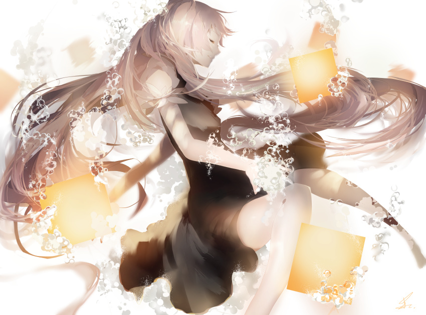 1girl air_bubble alternate_hair_color bangs barefoot black_dress closed_eyes closed_mouth dress from_side hatsune_miku highres lantern long_hair mairieux_(vocaloid) paper_lantern pink_hair puffy_short_sleeves puffy_sleeves saihate_(artist) short_sleeves smile solo twintails underwater very_long_hair vocaloid white_background