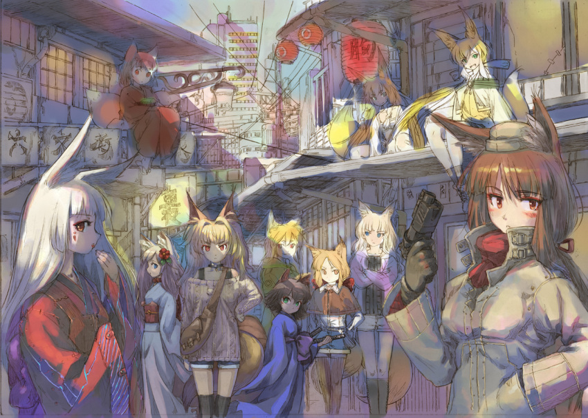 6+girls animal_ears aqua_eyes blonde_hair blue_eyes boots braid brown_eyes brown_hair capelet city coat collarbone crossed_arms flower geta girls gloves gun hair_flower hair_ornament hair_ribbon hat hilt japanese_clothes katana lantern looking_at_viewer looking_to_the_side meiz multiple_girls obi orange_eyes outdoors power_lines red_eyes redhead ribbon sash scarf sign sitting smile standing sweater sword tail thigh-highs traditional_clothes weapon wide_sleeves yellow_eyes