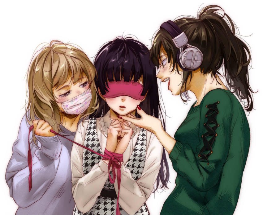 3girls ayase_totsuki black_hair blush bound bound_wrists brown_hair cross-laced_clothes hand_on_another's_chin headphones houndstooth long_hair looking_at_another messy_hair multiple_girls nail_polish open_mouth original parted_lips ponytail ribbon sleep_mask sleeves_past_wrists star_print surgical_mask sweater yuri