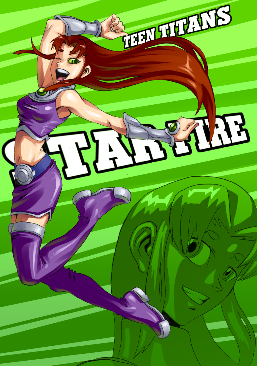 1girl boots brown_hair character_name dc_comics full_body green_background green_eyes grin highres midriff navel one_eye_closed open_mouth projected_inset ryuusei_(mark_ii) skirf smile solo starfire teen_titans thigh-highs thigh_boots vambraces zettai_ryouiki