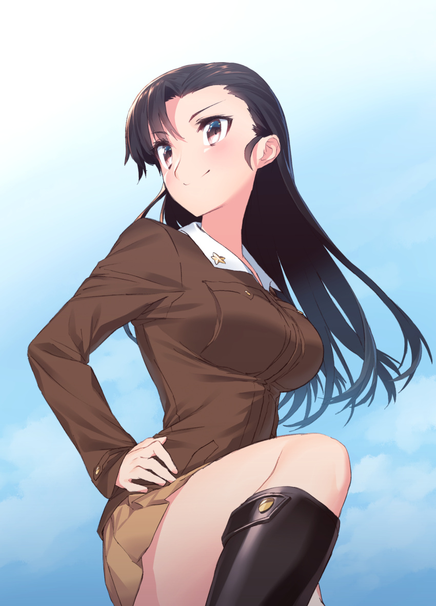 1girl black_hair blew_andwhite blue_sky boots breasts clouds girls_und_panzer grey_eyes highres jacket knee_boots large_breasts long_hair military military_uniform nishi_kinuyo skirt sky smile solo uniform very_long_hair
