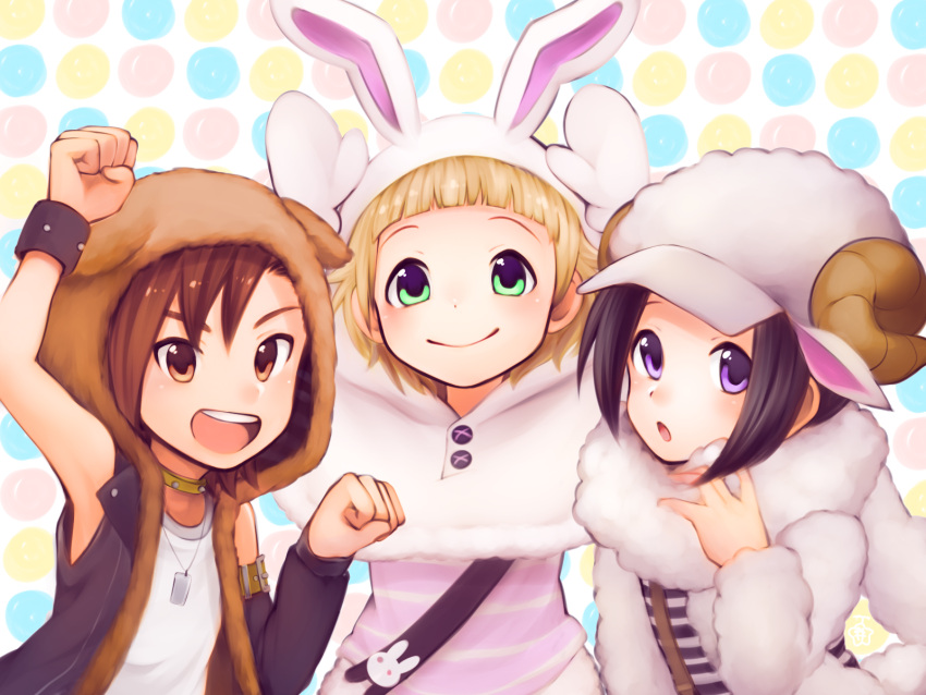 3boys animal_hood black_hair blush brown_eyes brown_hair bunny_hood dog_hood glasses green_eyes highres himeno_kanon hood hoshimelon idolmaster idolmaster_side-m male_focus mofumofuen multiple_boys okamura_nao open_mouth sheep_hood short_hair smile tachibana_shirou violet_eyes