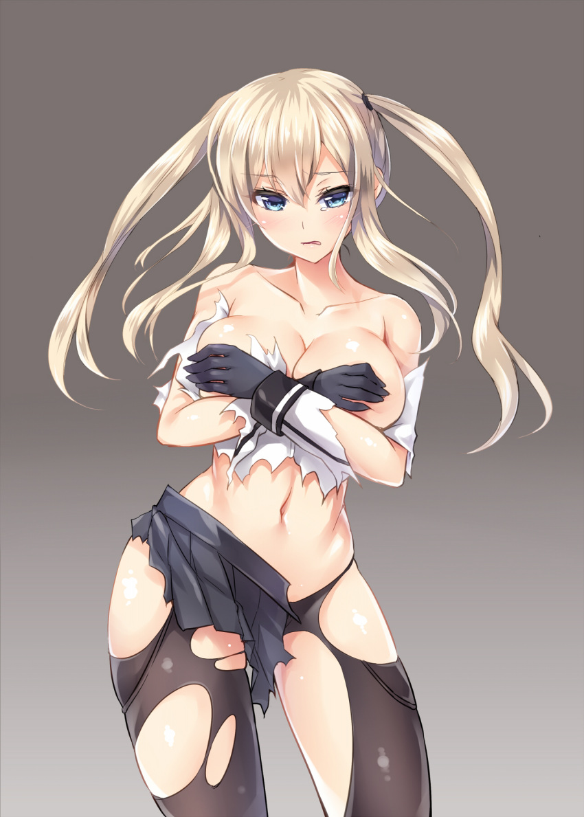1girl blonde_hair breast_hold breasts cleavage gradient gradient_background graf_zeppelin_(kantai_collection) highres kantai_collection kinosaki_yuki large_breasts navel no_bra no_panties pantyhose solo torn_clothes uniform