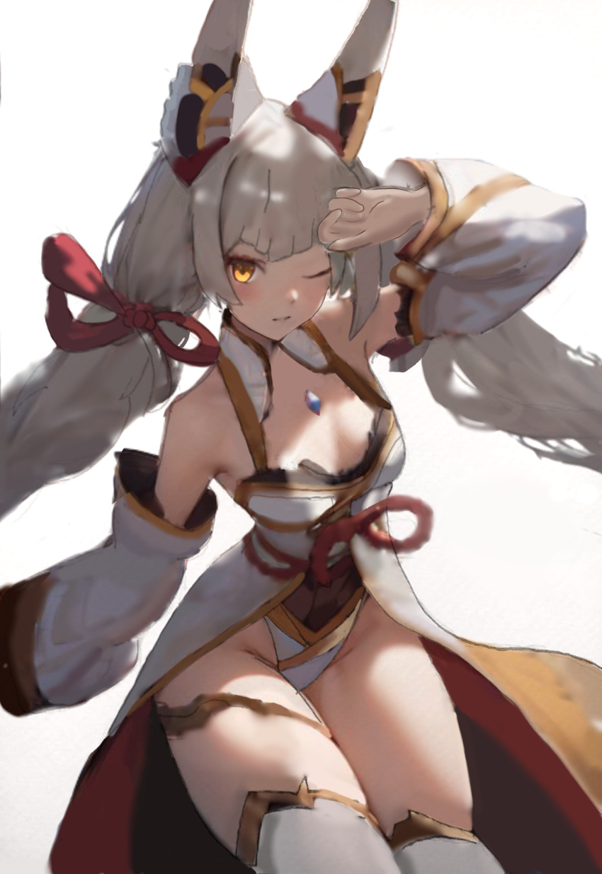 1girl animal_ear_fluff animal_ears arm_up bare_legs bare_shoulders breasts brown_eyes cat_ears cat_girl closed_mouth detached_sleeves grey_hair groin hand_on_own_face highleg highleg_leotard highres leotard long_hair long_sleeves looking_at_viewer nia_(blade)_(xenoblade) nia_(xenoblade) one_eye_closed solo sotterrarti thighs very_long_hair white_background white_hair xenoblade_chronicles_(series) xenoblade_chronicles_2 yellow_eyes