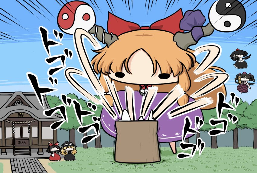 5girls bird_wings black_dress black_hair blonde_hair blue_sky bow box camera cellphone cellphone_camera commentary_request donation_box dress flying_sweatdrops forest giantess hair_bow hakurei_reimu hakurei_shrine highres himekaidou_hatate horn_ribbon horns ibuki_suika kirisame_marisa kurokoori multiple_girls nature oni_horns phone recording red_dress ribbon rope shameimaru_aya shimenawa shirt skirt sky touhou twintails wings yin_yang