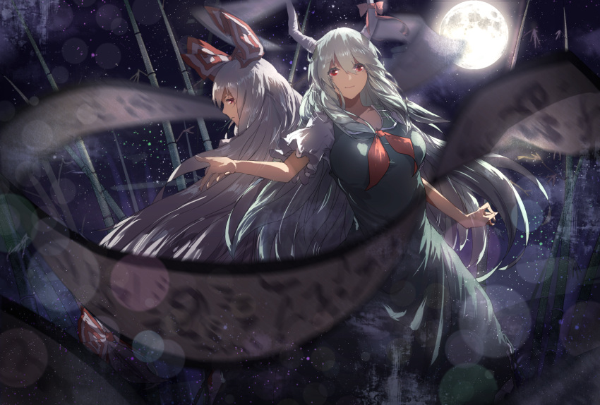 2girls aqua_dress back-to-back bamboo bamboo_forest bow breasts chun_lanlanlan dress ex-keine forest fujiwara_no_mokou full_moon hair_bow highres kamishirasawa_keine large_breasts long_hair looking_at_viewer looking_back moon multiple_girls nature neckerchief puffy_short_sleeves puffy_sleeves red_eyes scroll short_sleeves silver_hair sky star_(sky) starry_sky touhou very_long_hair