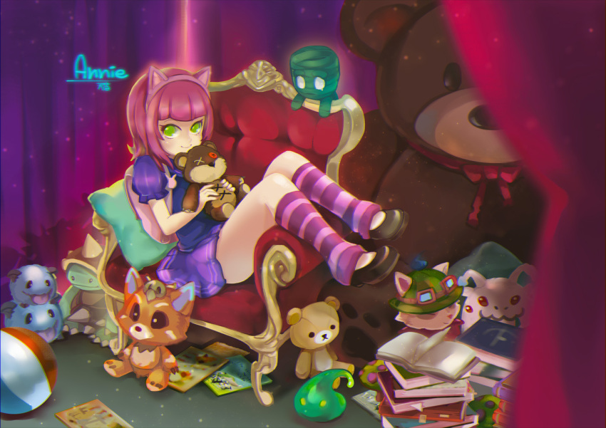 1girl aa2233a amumu annie_hastur backpack bag ball bear book book_stack chair character_name dress gnar_(league_of_legends) goggles_on_hat green_eyes hat kog'maw league_of_legends mushroom open_book pillow pink_hair poro_(league_of_legends) purple_dress purple_skirt rammus shoes sitting skirt smile stitches striped striped_legwear stuffed_animal stuffed_toy teddy_bear teemo tibbers tongue tongue_out yordle zac