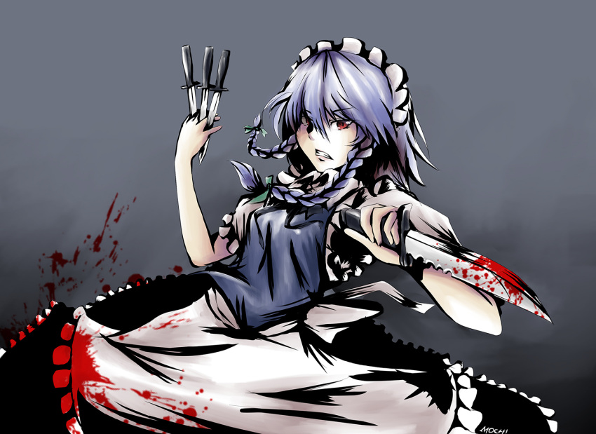 &gt;:d 1girl :d apron artist_name blood blood_splatter bloody_clothes bloody_knife blue_dress braid clenched_teeth collar cowboy_shot dress eyebrows eyebrows_visible_through_hair frills green_ribbon grey_background hair_ribbon holding_knife izayoi_sakuya knife looking_at_viewer maid maid_headdress mochi_(chain_csn) open_mouth red_eyes ribbon short_hair short_sleeves silver_hair simple_background smile solo teeth touhou twin_braids