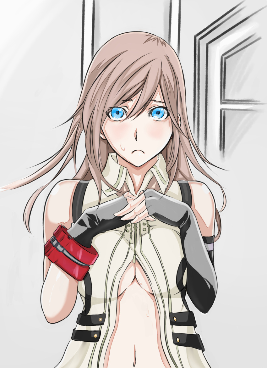 1girl alisa_ilinichina_amiella_(cosplay) asymmetrical_clothes blue_eyes bracelet breasts brown_hair cleavage elbow_gloves final_fantasy final_fantasy_xiii fingerless_gloves frown gloves god_eater highres indoors jewelry lightning_farron long_hair looking_at_viewer murabito_sono2 solo sweatdrop under_boob upper_body