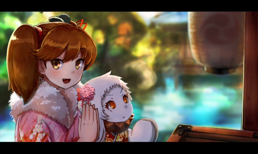 &gt;:&lt; :d alternate_costume blurry brown_eyes brown_hair commentary_request depth_of_field fang hair_ornament highres horns japanese_clothes kantai_collection kimono mittens northern_ocean_hime okitsugu open_mouth orange_eyes praying ryuujou_(kantai_collection) shinkaisei-kan smile twintails white_hair white_skin