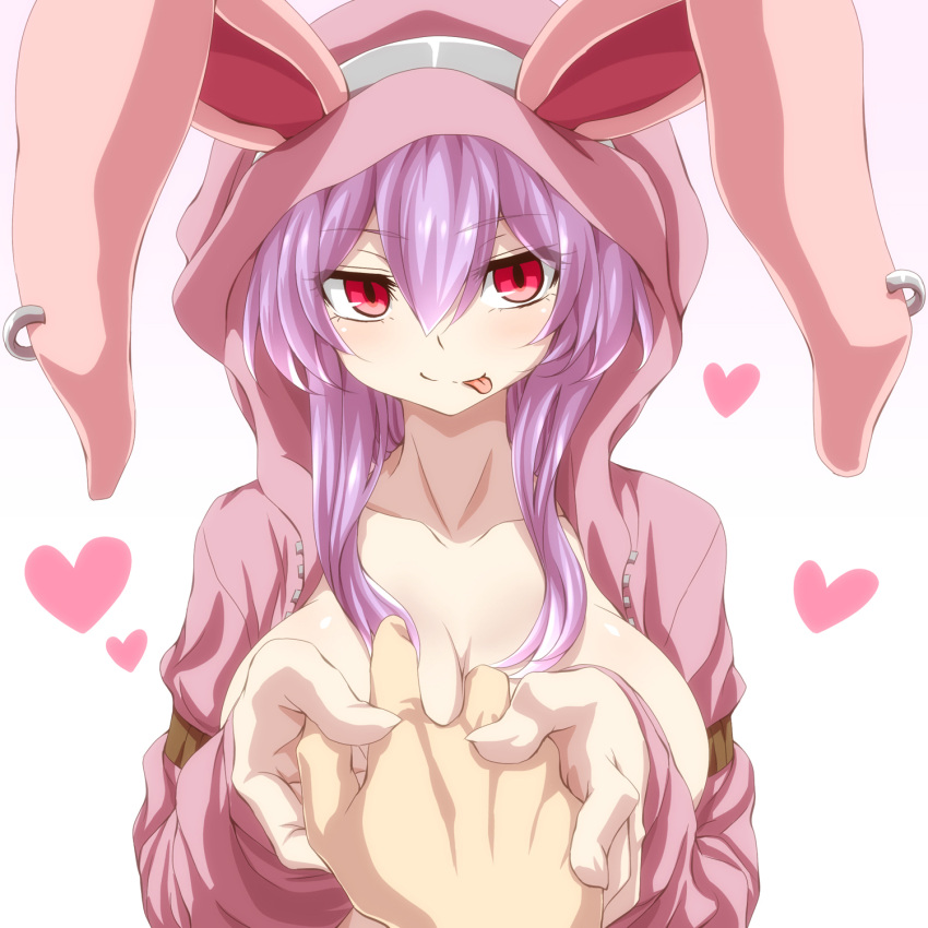 1girl animal_hood blush breasts bunny_hood earrings heart highres holding_hands hood hoodie jewelry large_breasts long_hair long_sleeves looking_at_viewer naked_hoodie open_clothes original out_of_frame purple_hair red_eyes shiny shiny_skin simple_background smile tongue tongue_out upper_body usagi-san_(watarui) watarui white_background