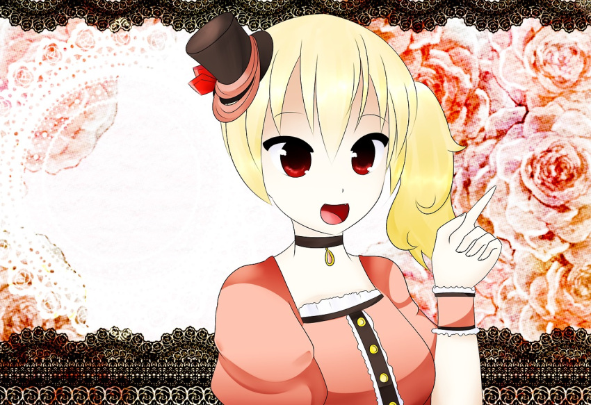 blonde_hair choker cowboy crystal curly_hair dress fang fingernails flandre_scarlet flower frilled_dress frills hat lace old_west pointing puffy_short_sleeves puffy_sleeves red_eyes rose saloon_girl short_sleeves top_hat touhou western yomuran