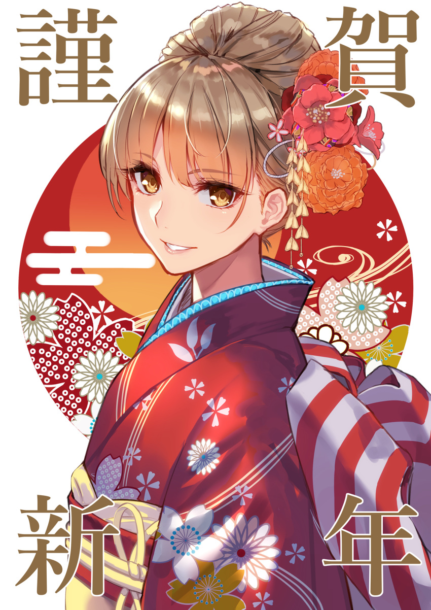 1girl aosaki_yukina back_bow bangs bow brown_eyes brown_hair commentary_request egasumi eyebrows_visible_through_hair floral_print flower from_side hair_bun hair_flower hair_ornament highres japanese_clothes kimono looking_at_viewer looking_to_the_side obi orange_flower original parted_lips pink_lips print_kimono red_flower red_kimono sash short_hair smile solo upper_body white_flower