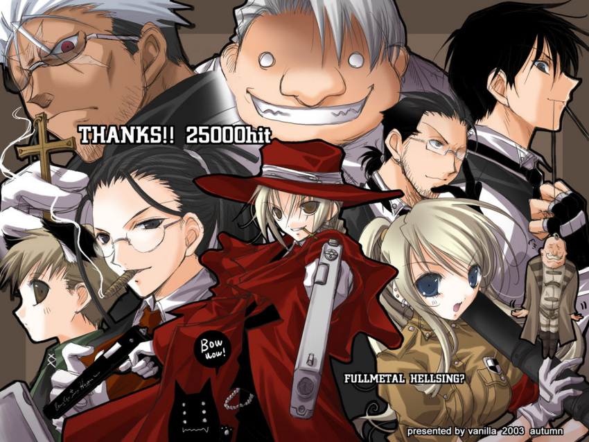 alex_luis_armstrong alexander_anderson alphonse_elric alucard_(hellsing) badge black_gloves black_hair blonde_hair cat_ears cigarette cross crossover dual_wielding edward_elric fingerless_gloves fullmetal_alchemist glasses gluttony grey_hair grin gun hat hellsing integra_hellsing maes_hughes major_(hellsing) overcoat pistol roy_mustang scar scar_(fullmetal_alchemist) schrodinger seras_victoria short_hair smoke smoking solf_j_kimblee uniform walter weapon white_gloves winry_rockbell