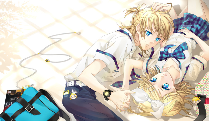 blue_eyes cocoon_(loveririn) digital_media_player hair_ornament hair_ribbon hairclip hand_holding headphones holding_hands ipod kagamine_len kagamine_rin lying on_back on_side ribbon school_uniform short_hair siblings skirt twins vocaloid watch wristwatch