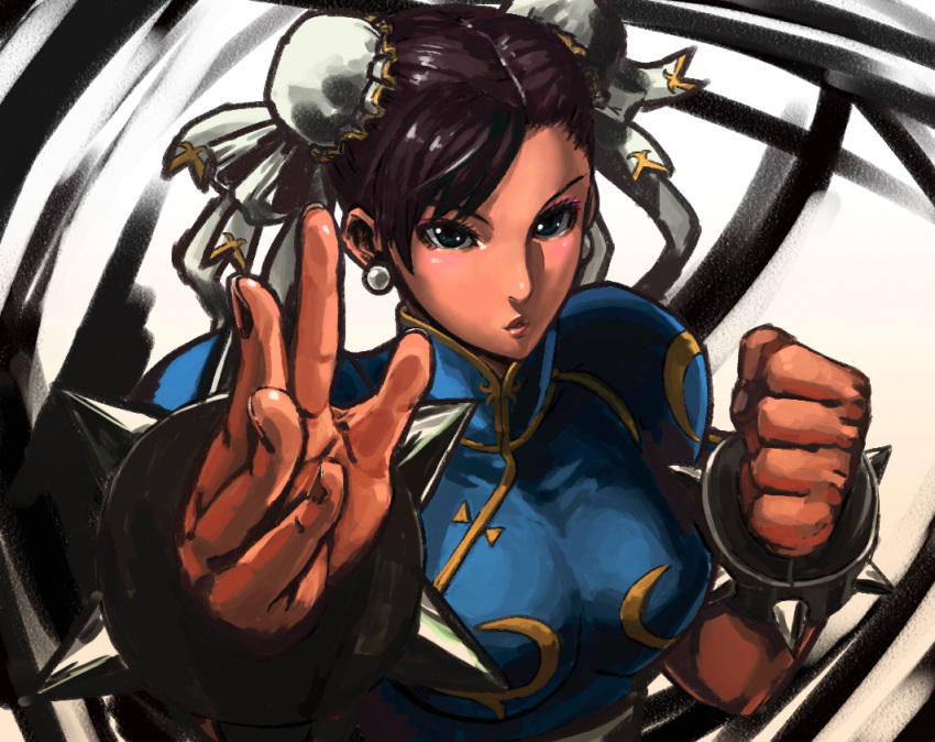 black_eyes bracelet brown_hair capcom china_dress chinese_clothes chun-li double_bun eyeshadow hensou jewelry spiked_bracelet spikes street_fighter