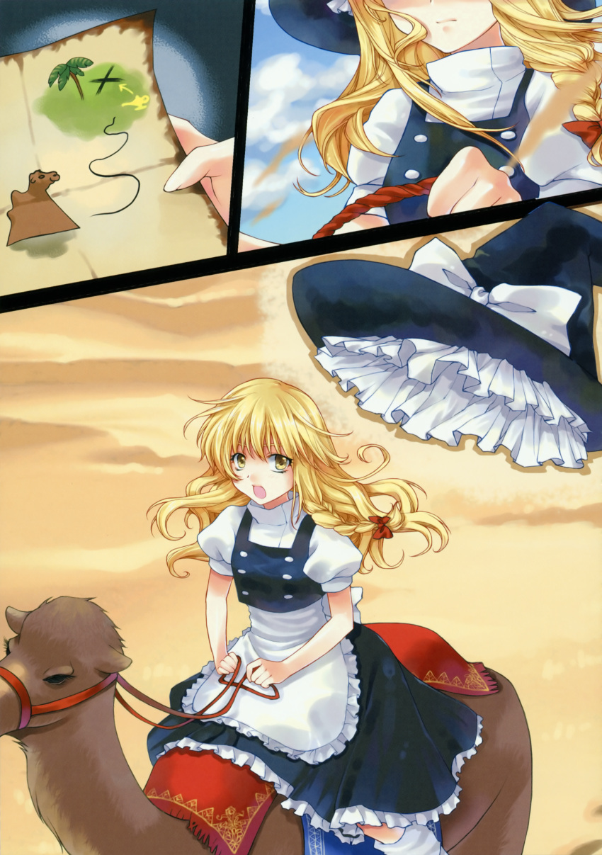 blonde_hair braid buttons camel cloud desert dress hair_ribbon hat highres huge_filesize kirisame_marisa map ribbon scan short_hair sky tenshimuma tian_shi_meng_mo touhou witch_hat yellow_eyes