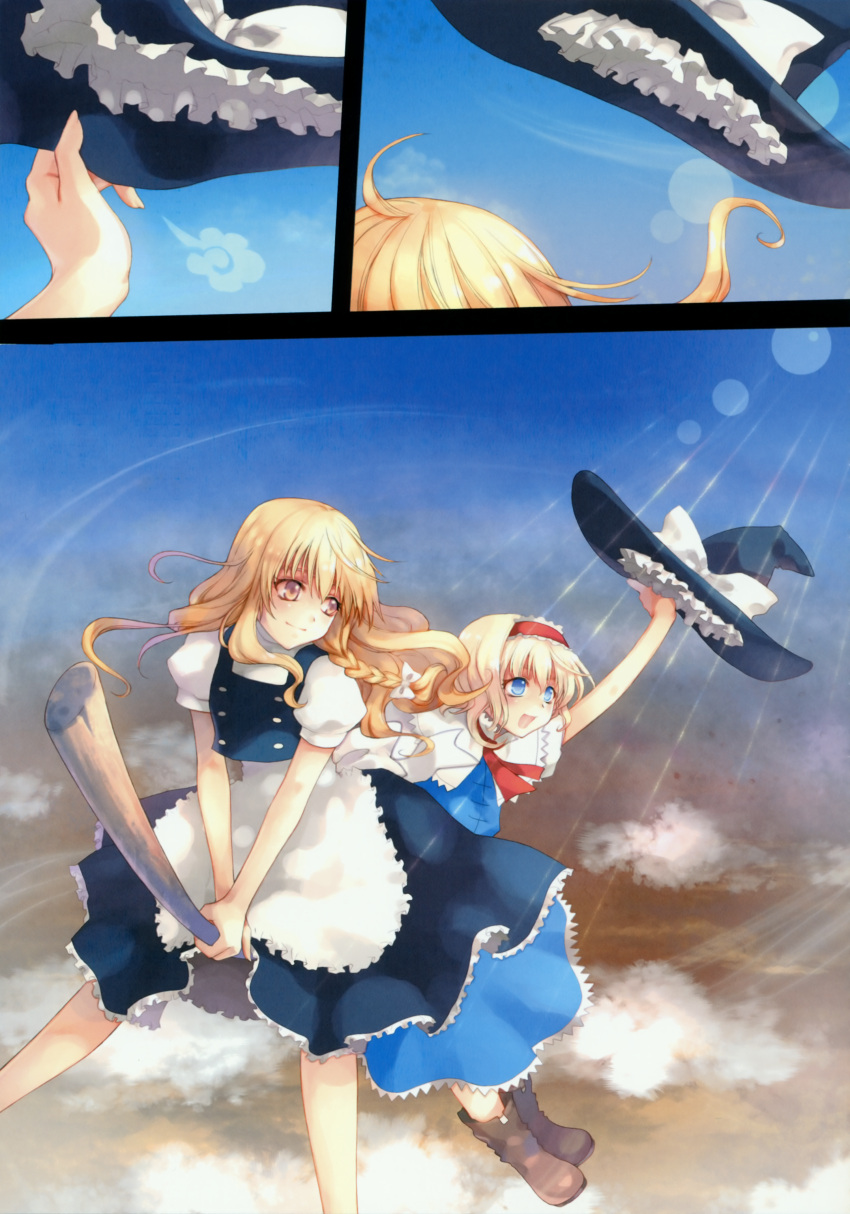 absurdres alice_margatroid blonde_hair blue_eyes boots braid broom broom_riding hairband hat highres huge_filesize kirisame_marisa mary_janes multiple_girls scan shoes short_hair sky tenshimuma tian_shi_meng_mo touhou witch_hat