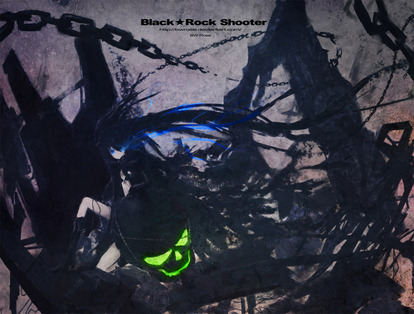 black_hair black_rock_shooter black_rock_shooter_(character) blue_eyes boots bwrose chain chains coat dark flat_chest glowing glowing_eyes long_hair shorts skull solo twintails very_long_hair