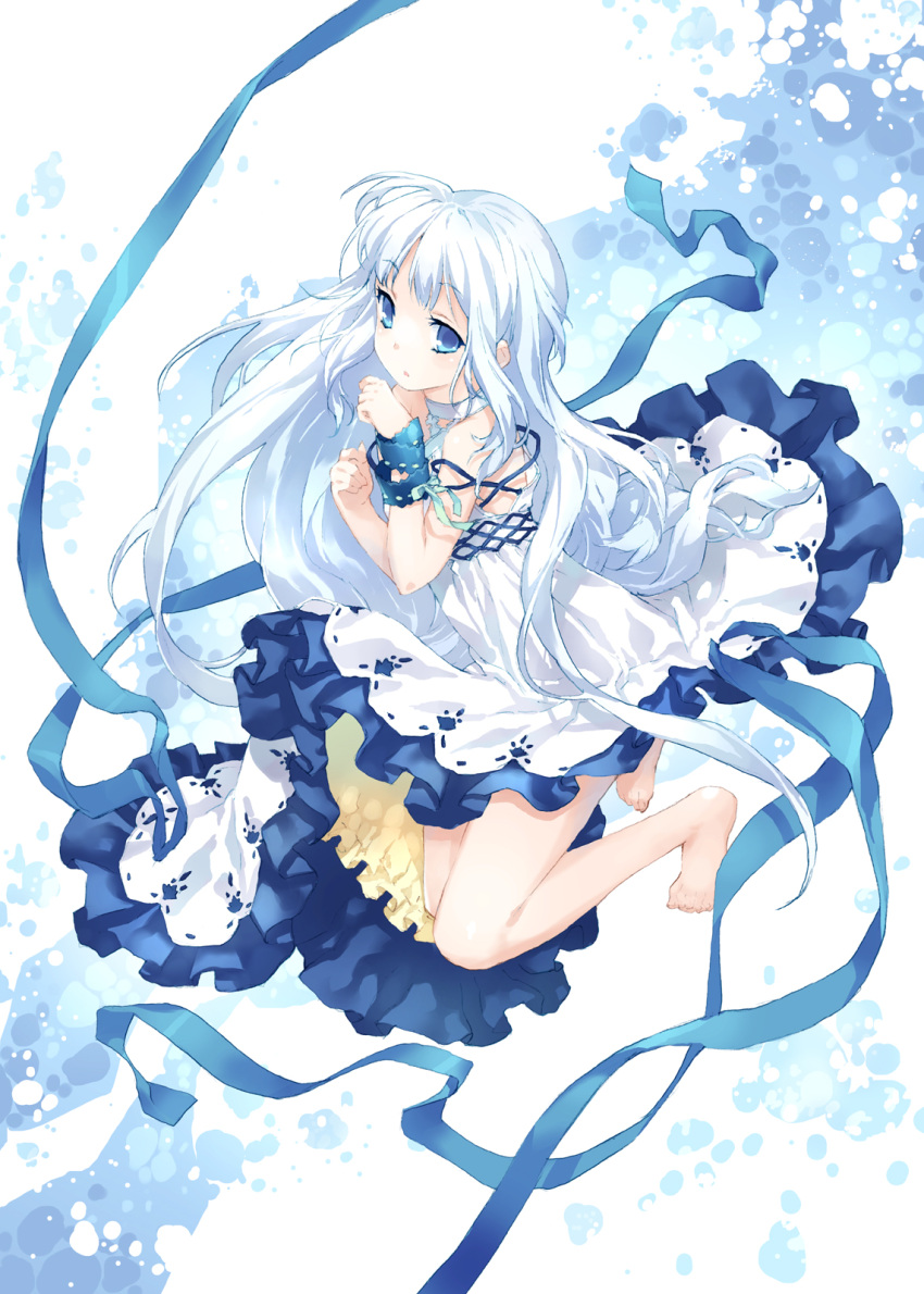 barefoot blue_eyes dress highres kousaki_rui original pixiv pixiv-tan ribbon solo white_hair