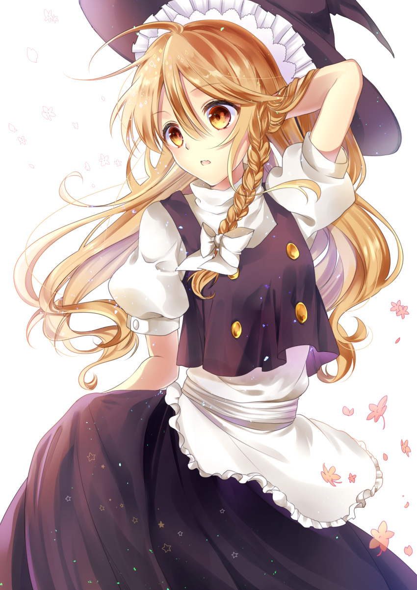 1girl absurdres apron blonde_hair bow braid hair_bow hat highres kirisame_marisa long_hair looking_at_viewer parted_lips pero_(pixiv15896580) puffy_short_sleeves puffy_sleeves shirt short_sleeves simple_background single_braid skirt skirt_set solo touhou vest white_bow witch_hat yellow_eyes
