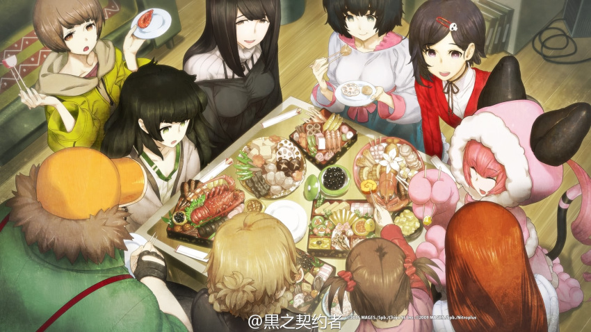 6+girls amane_suzuha black_hair breasts brown_hair cat_tail cleavage eating faris_nyannyan fingerless_gloves food game_cg gloves hair_ornament hashida_itaru hat highres huke indoors long_hair makise_kurisu multiple_girls open_mouth pink_hair shiina_mayuri short_hair smile steins;gate_zero tail urushibara_ruka