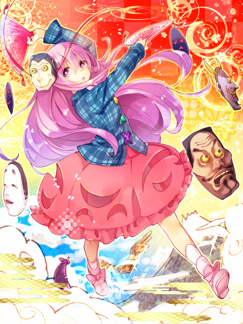 1girl bubble_skirt dancing expressionless face_mask fan folding_fan hata_no_kokoro highres long_hair long_sleeves looking_at_viewer makuwauri mask oni_mask open_mouth pink_eyes pink_hair see-through skirt solo touhou very_long_hair