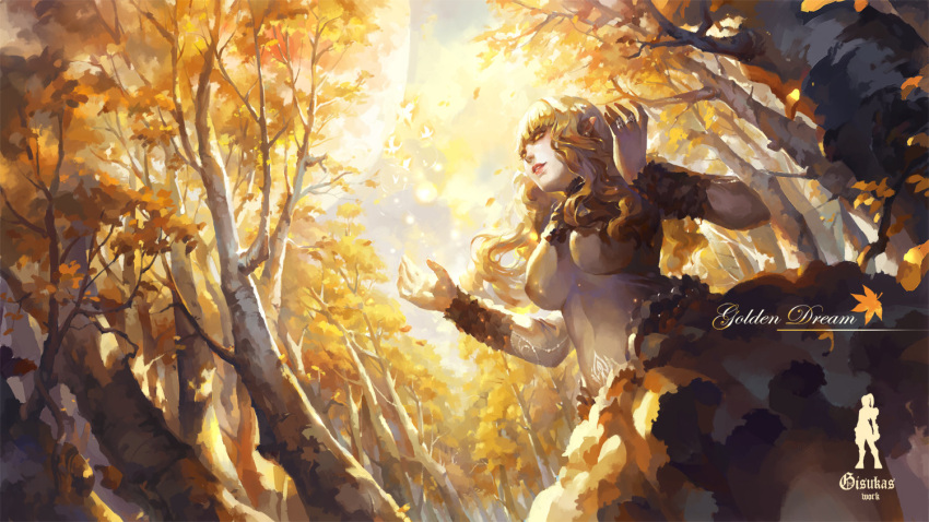 1girl arm_warmers artist_name autumn breasts choker dutch_angle elf forest from_below gisuka_yan jewelry large_breasts lipstick long_hair magic makeup nature nipples pale_skin pointy_ears ring skin_tight skirt solo topless wavy_hair willow yellow_eyes
