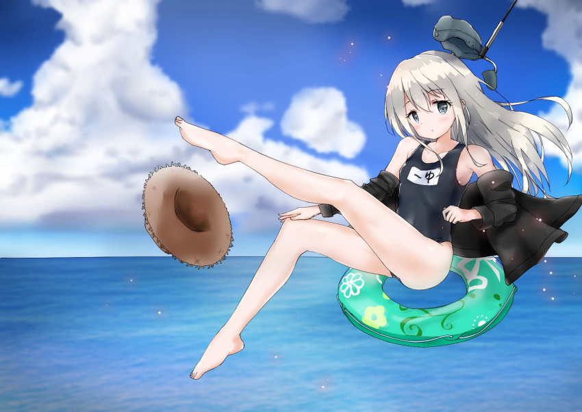1girl blue_sky clouds cloudy_sky collarbone garrison_cap grey_eyes hat hat_removed headwear_removed highres horizon innertube kantai_collection long_hair looking_at_viewer name_tag ocean racchi. school_swimsuit silver_hair sky solo sun_hat swimsuit u-511_(kantai_collection)