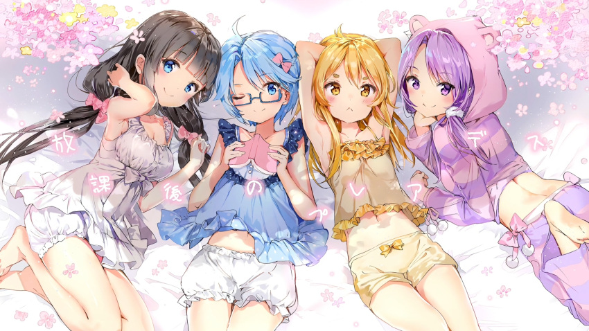 4girls :&lt; ;) animal_hood anmi aoi_(houkago_no_pleiades) armpits arms_up barefoot black_hair blonde_hair bloomers blue-framed_glasses blue_eyes blush book bow breasts chin_rest cleavage glasses hair_bow highres hikaru_(houkago_no_pleiades) hood hoodie houkago_no_pleiades itsuki_(houkago_no_pleiades) long_hair looking_back low_twintails lying midriff multiple_girls nanako_(houkago_no_pleiades) navel on_back one_eye_closed pajamas purple_hair semi-rimless_glasses short_hair shorts smile twintails under-rim_glasses underwear underwear_only violet_eyes yellow_eyes