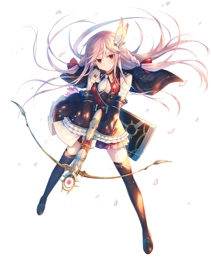 1girl black_legwear blonde_hair bow_(weapon) crossbow feathers hair_feathers highres holding_weapon jugatsu_junichi long_hair original simple_background solo thigh-highs weapon white_background
