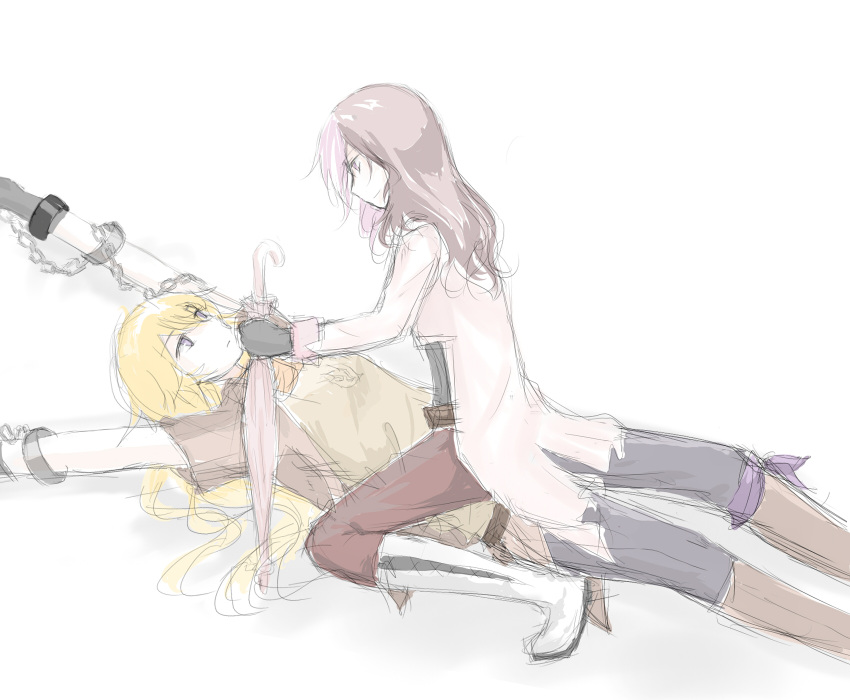 2girls artist_request blonde_hair boots brown_hair chain cuffs heterochromia highres long_hair lying manacles multicolored_hair multiple_girls neo_(rwby) pink_eyes pink_hair rwby sketch straddling yang_xiao_long yellow_eyes