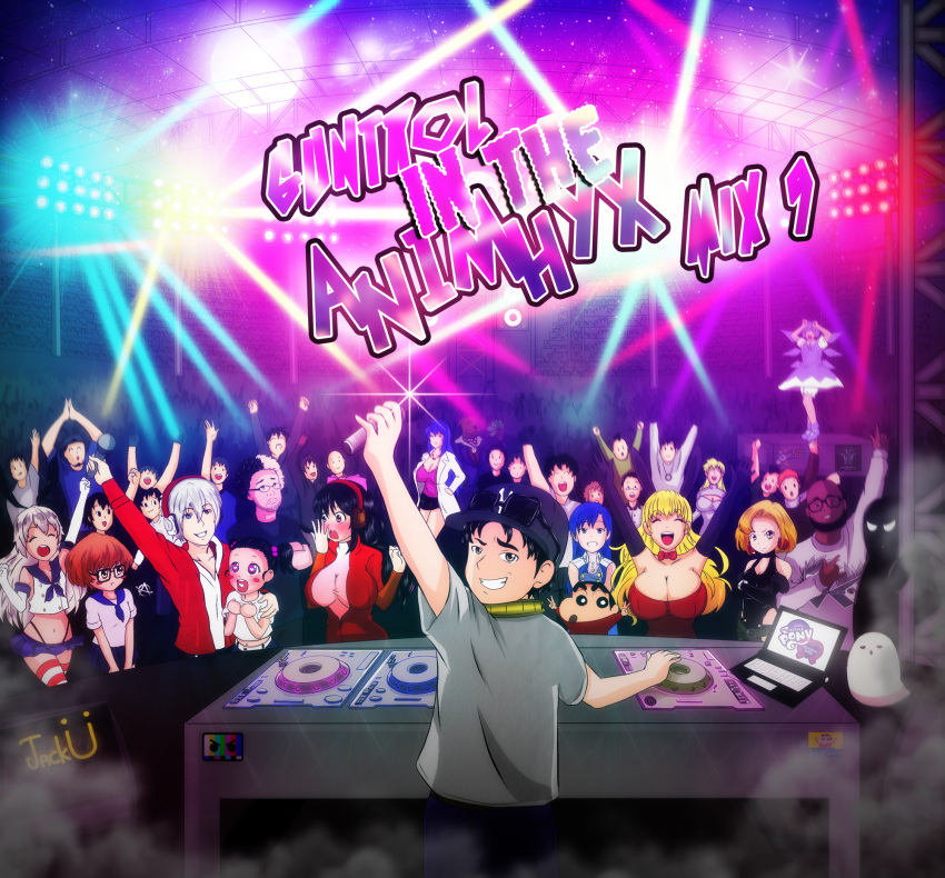 animal_ears barely_alive blonde_hair blush breasts character_request cirno cirno_(cosplay) clapping cleavage clenched_teeth computer crayon_shin-chan crossover crowd dj edm eyebrows flat_is_justice fly_boi_keno gloves guntrol hair_ribbon hands_up headphones highres huge_breasts idolmaster jack_u kantai_collection kawamura_kiyomi kisaragi_chihaya laptop laser long_hair looking_at_viewer maken-ki! meitantei_conan microphone multiple_boys multiple_girls my_little_pony nijou_aki nohara_shinnosuke open_mouth otakin04 pettan phonograph rabbit_ears ribbon shadow shimakaze_(kantai_collection) short_hair smile snails sniver-k sniver_k source_request spotlight stadium thick_eyebrows torro_torro touhou turntable twintails very_long_hair