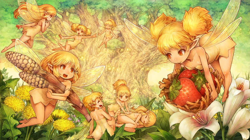 6+girls :d barefoot basket bent_over blonde_hair closed_eyes dandelion dragon's_crown dress fairy fairy_wings feet fetal_position flower food forest fruit happy highres lily_(flower) long_hair minigirl multiple_girls nature open_mouth outdoors plant pointy_ears red_eyes shigatake short_dress short_hair short_twintails sleeping smile strapless strapless_dress strawberry tiki_(dragon's_crown) tree twintails wide_hips wings