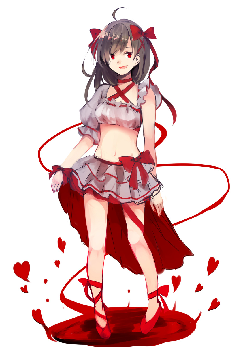 1girl absurdres ahoge asymmetrical_clothes bow breasts brown_hair criss-cross_halter crop_top fang full_body hair_bow hair_ribbon halter_top halterneck heart highres leg_ribbon long_hair looking_at_viewer midriff miniskirt navel open_mouth original red_eyes red_fingernails red_ribbon red_shoes ribbon shoes simple_background sketch skirt smile solo white_background yuki_shiro_(ubq315)