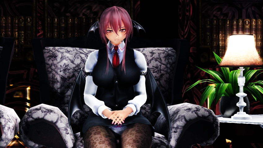 1girl 3d bat_wings bookshelf breasts chair demon_girl highres hiroyuki_p koakuma large_breasts mikumikudance pantyhose plant solo succubus touhou wings