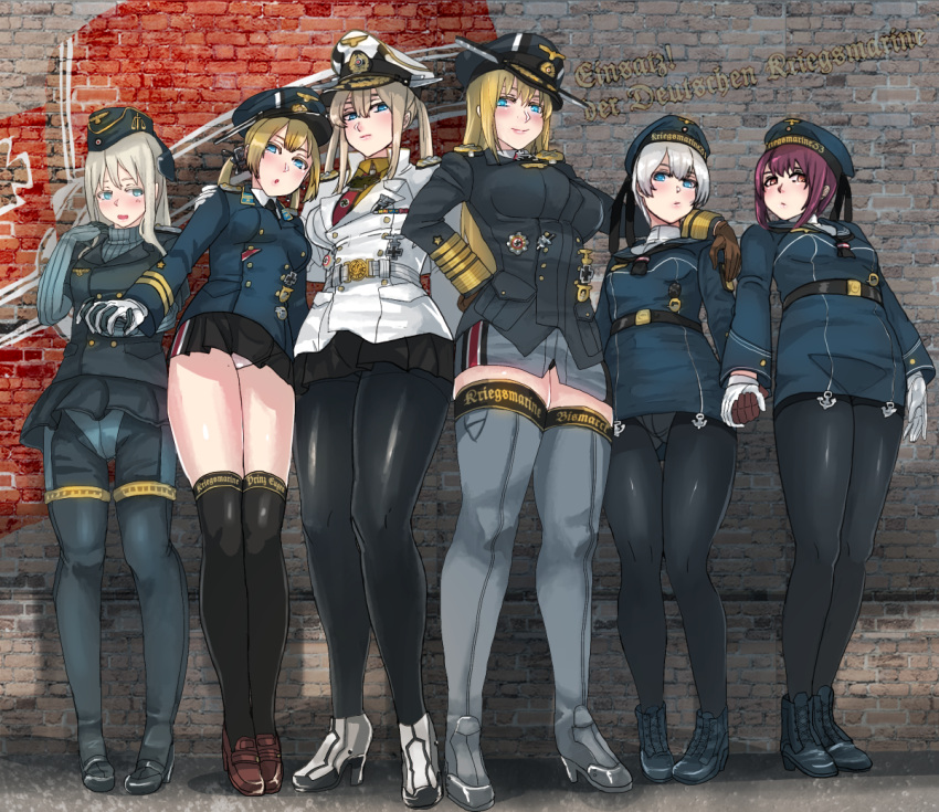 6+girls ass_visible_through_thighs belt bismarck_(kantai_collection) black_legwear black_panties blonde_hair blue_eyes blush bodysuit boots breasts brown_eyes brown_gloves crotch_seam double-breasted german german_clothes gloves graf_zeppelin_(kantai_collection) grey_hair grey_legwear hand_on_another's_shoulder hand_on_hip hat high_heels holding_hands interlocked_fingers kantai_collection loafers long_hair looking_at_viewer medal military_hat military_jacket miniskirt multiple_girls necktie panties panties_over_pantyhose panties_under_pantyhose pantyhose pantyshot pantyshot_(standing) panzer parted_lips pleated_skirt prinz_eugen_(kantai_collection) purple_hair sailor_dress shoes short_hair silver_hair skirt smile standing thigh-highs translation_request twintails u-511_(kantai_collection) underwear white_gloves white_panties z1_leberecht_maass_(kantai_collection) z3_max_schultz_(kantai_collection)