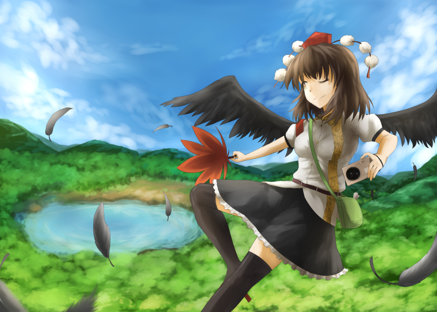 1girl ;) bag belt bird_wings black_hair black_legwear blue_sky camera clouds feather_fan feathers fen_zuo flying folded_leg forest geta hat lake looking_to_the_side nature one_eye_closed outdoors outstretched_arm over-kneehighs puffy_short_sleeves puffy_sleeves satchel shameimaru_aya short_hair short_sleeves skirt sky smile solo tengu-geta thigh-highs tokin_hat touhou wings